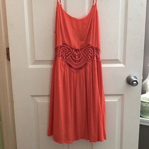 Coral sun dress with crochet center cutouts